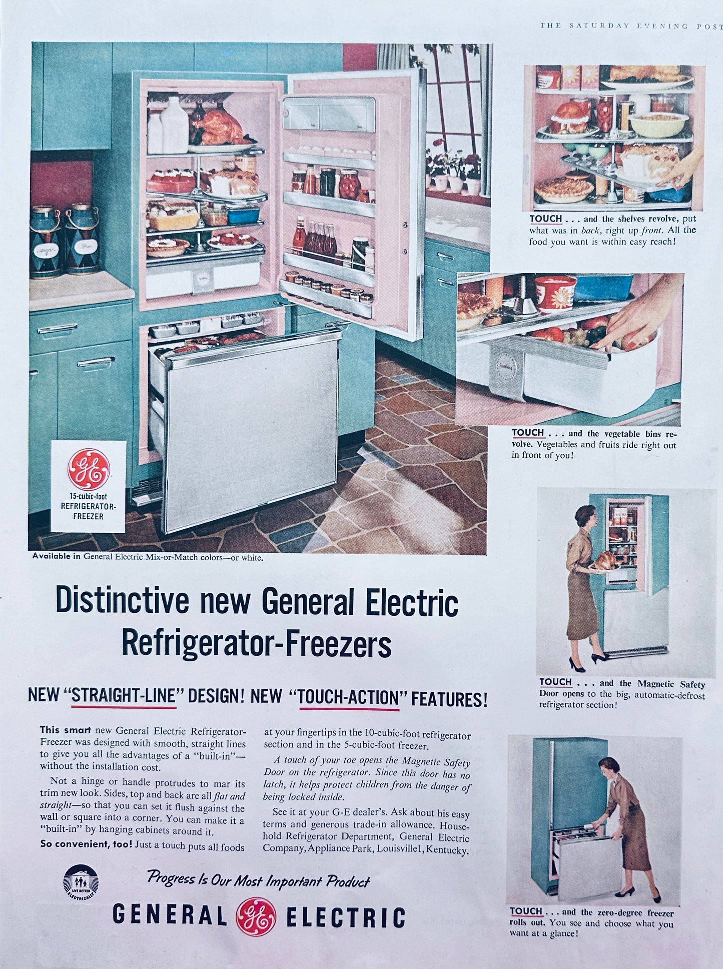 1957 General Electric Refrigerator-Freezer with Touch Action Features - Magazine Ad