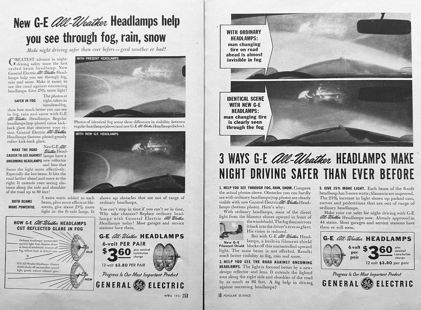 1955 - 2 Magazine Ads for General Electric All Weather Headlamps