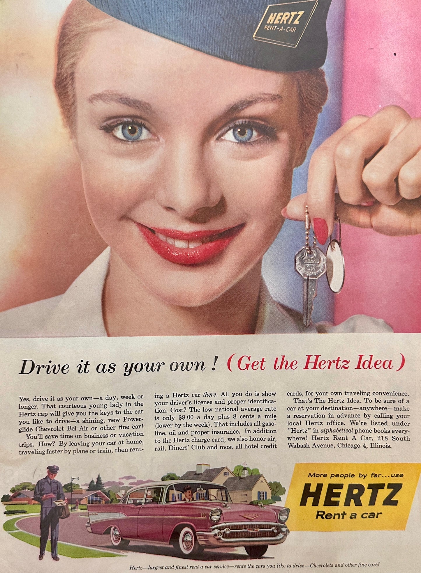 1957 Hertz Rent A Car - Chevrolet Pink Bel Air - Vintage Ad