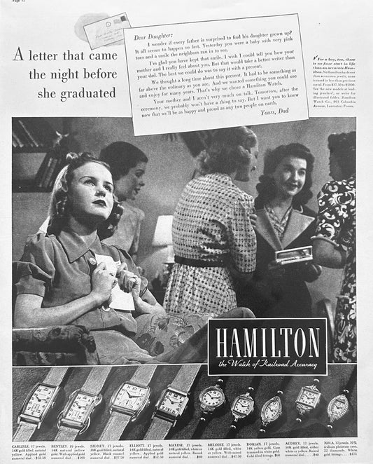 1940 Era Hamilton Watch Ad - Graduation Gift - 9 Models Shown #502