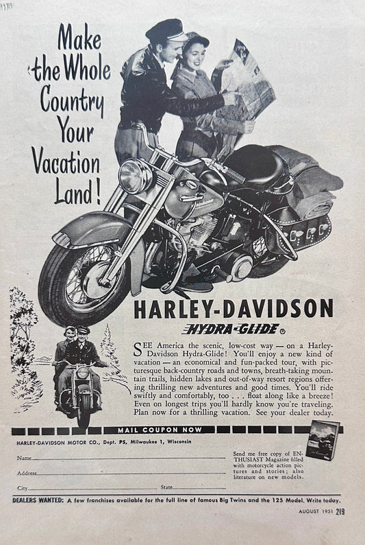 1951 Harley Davidson HD Hydra-Glide Bagger for your next vacation! Magazine Ad