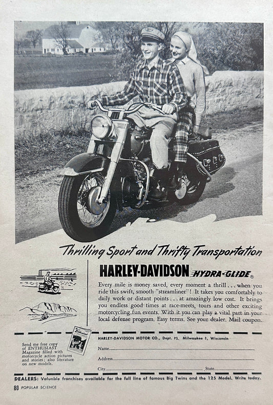 1951 Harley Davidson Hydra-Glide Motorcycle + Savage Rifle - Vintage Ad