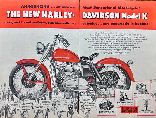 1952 Harley Davidson 2-Page Ad for Model K Motorcycle - Multi-Color Ad