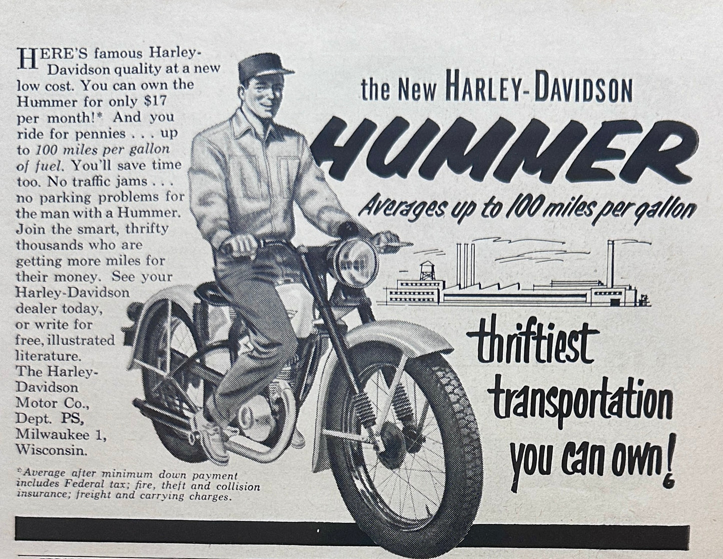 1955 HD Harley Davidson Hummer - Thriftiest Transportation You Can Own - Ad