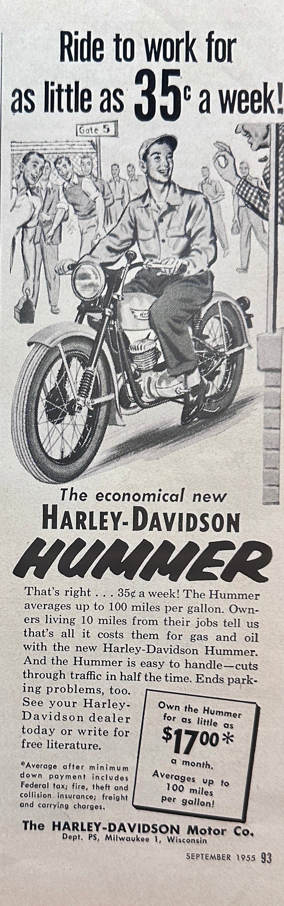 1955 Harley Davidson Hummer Motorcycle - Ride to Work 35c/wk - Vintage Ad