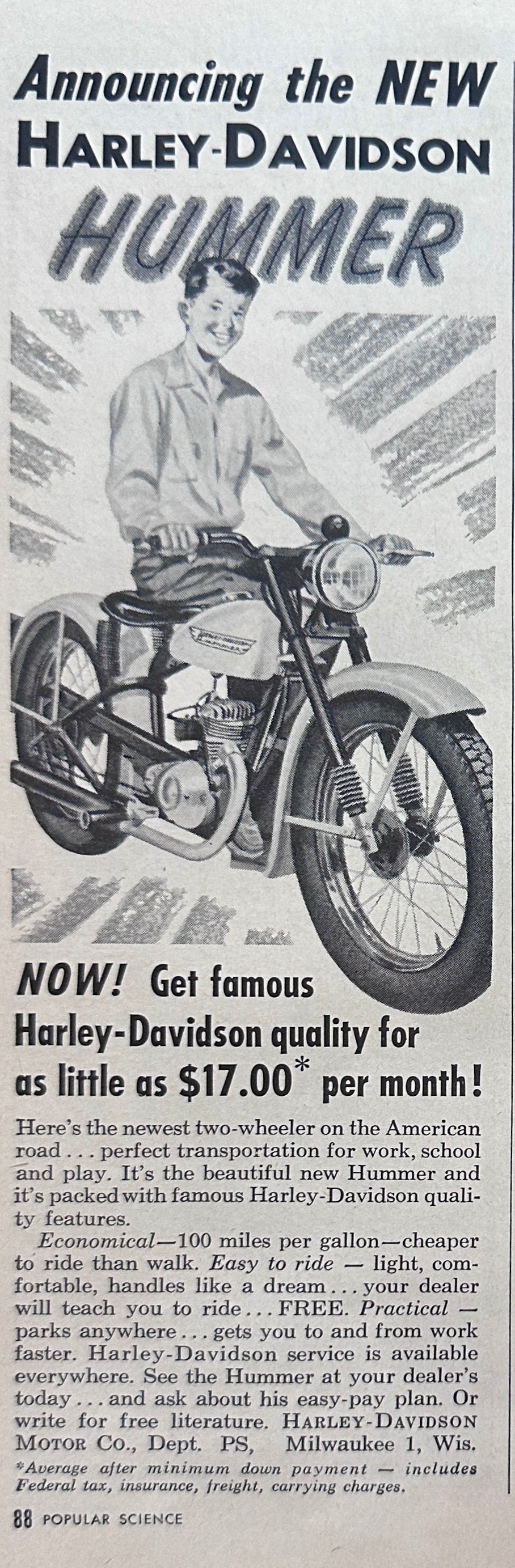 1956 Harley Davidson HD Hummer Motorcycle - Boy Sitting Side Saddle - Ad