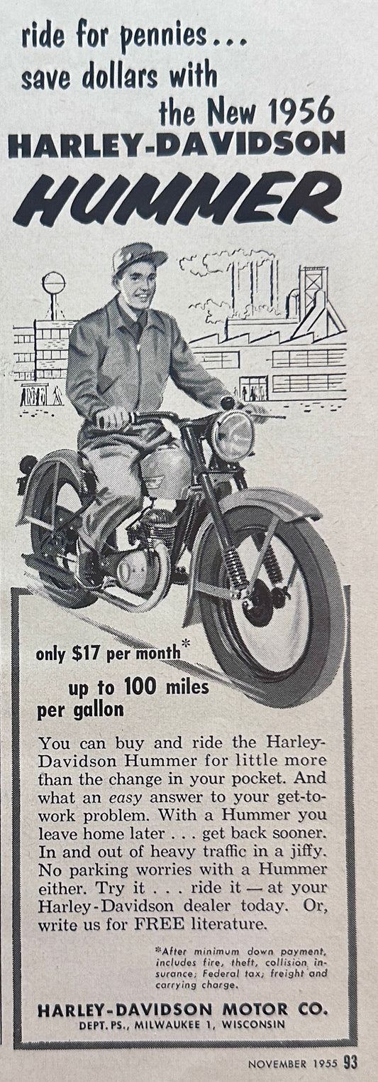 1956 Harley Davidson HD Hummer Motorcycle - Ride for Pennies  - Magazine Ad