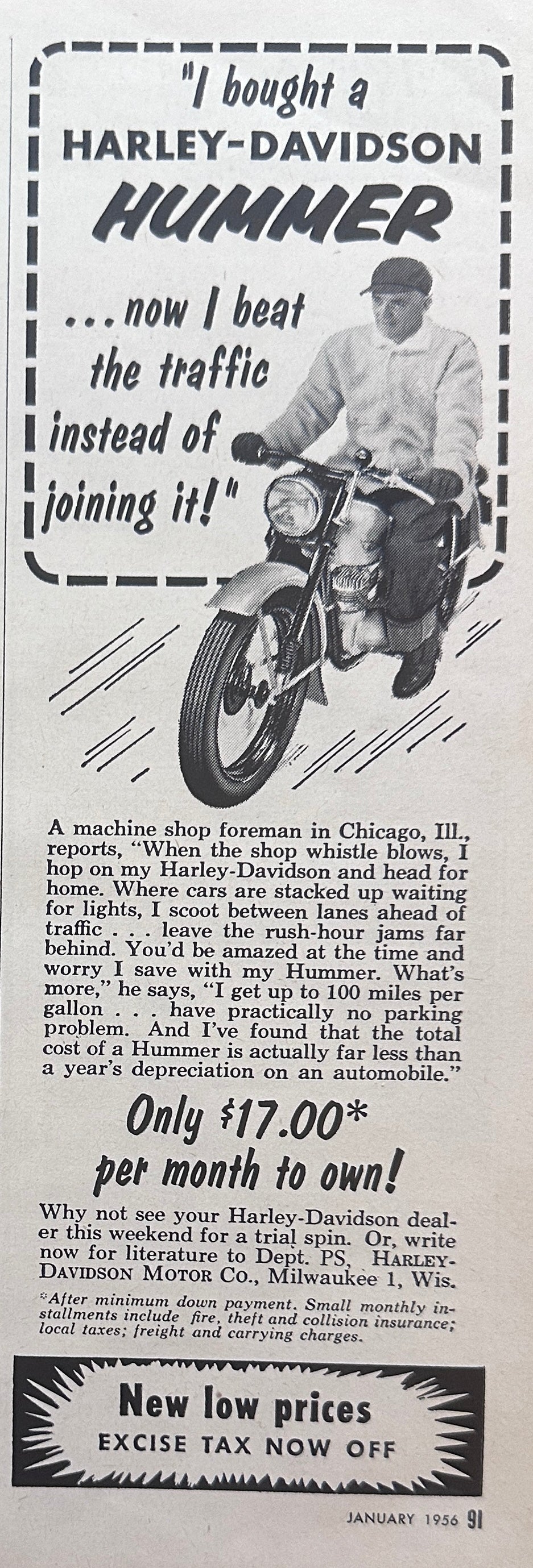 1956 Harley Davidson Hummer - Beats the traffic - Baseball Cap Man - Ad