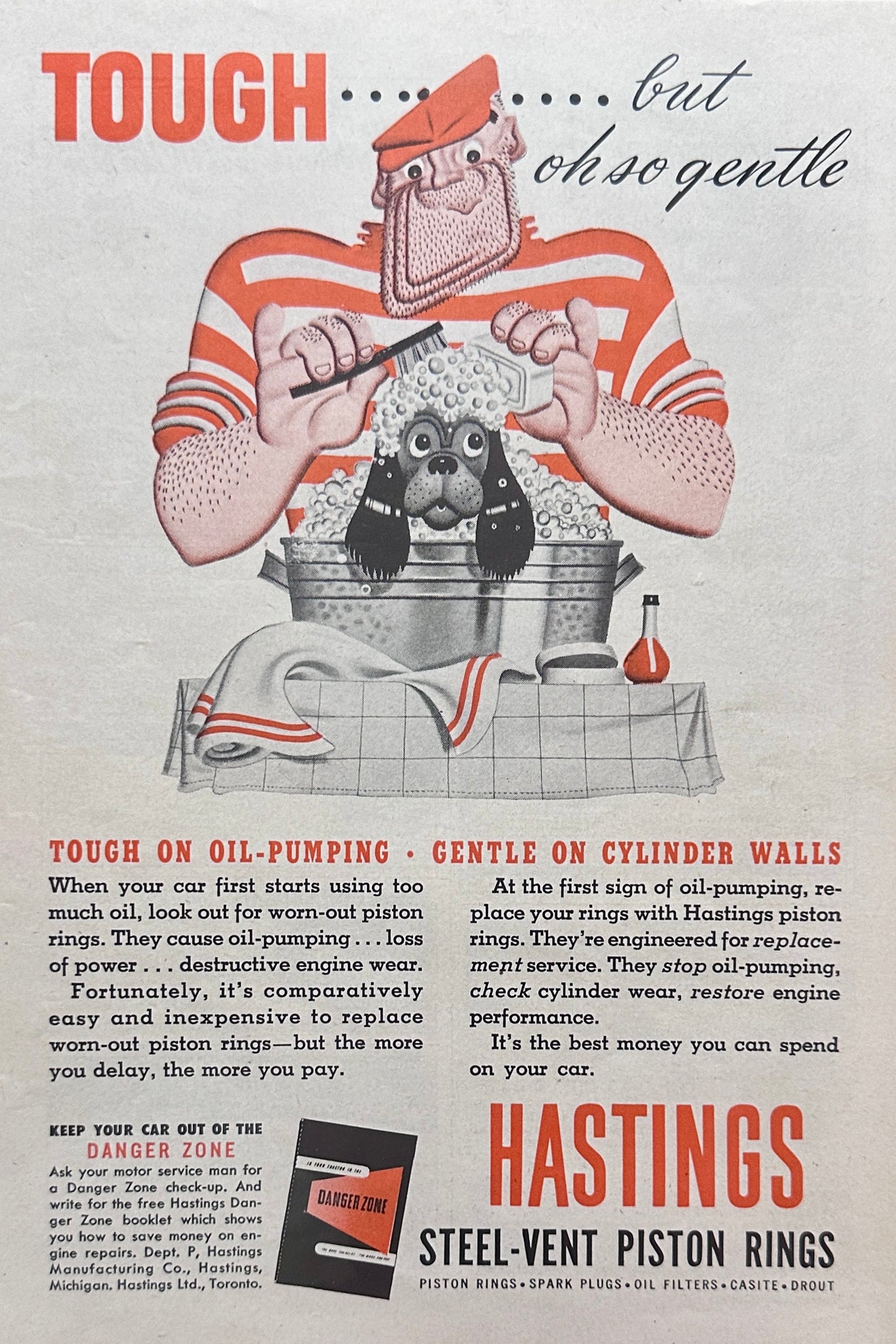 1951 Hastings Steel-Vent Piston Rings Tough Mascot Gentle Puppy Wash Ad