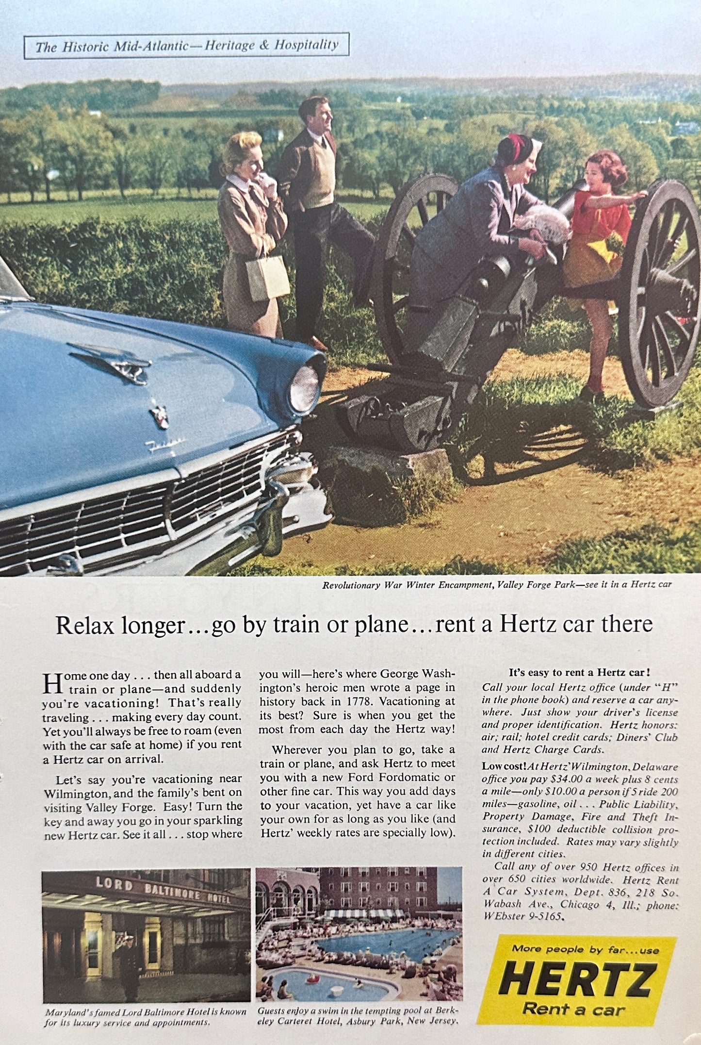 1956 Hertz rent A car - Valley Forge Vacation - Magazine Ad