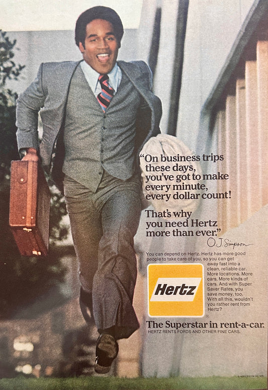 1976 OJ Simpson running for Rental Car Company Hertz  + Rum Magazine Ad