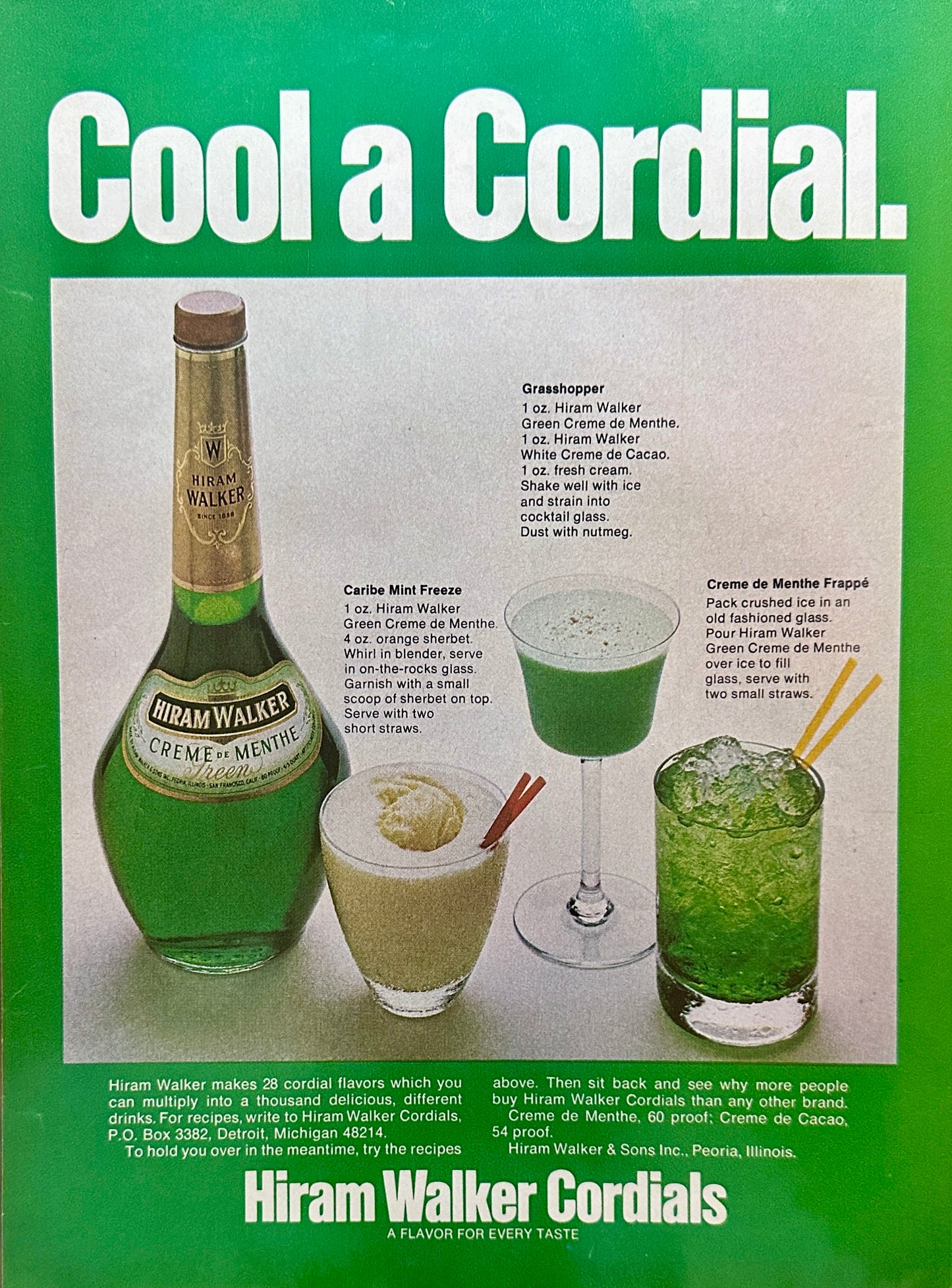 1975 Hiram Walker Creme de Menthe Cordials - 3 Drink Recipes - Magazine Ad