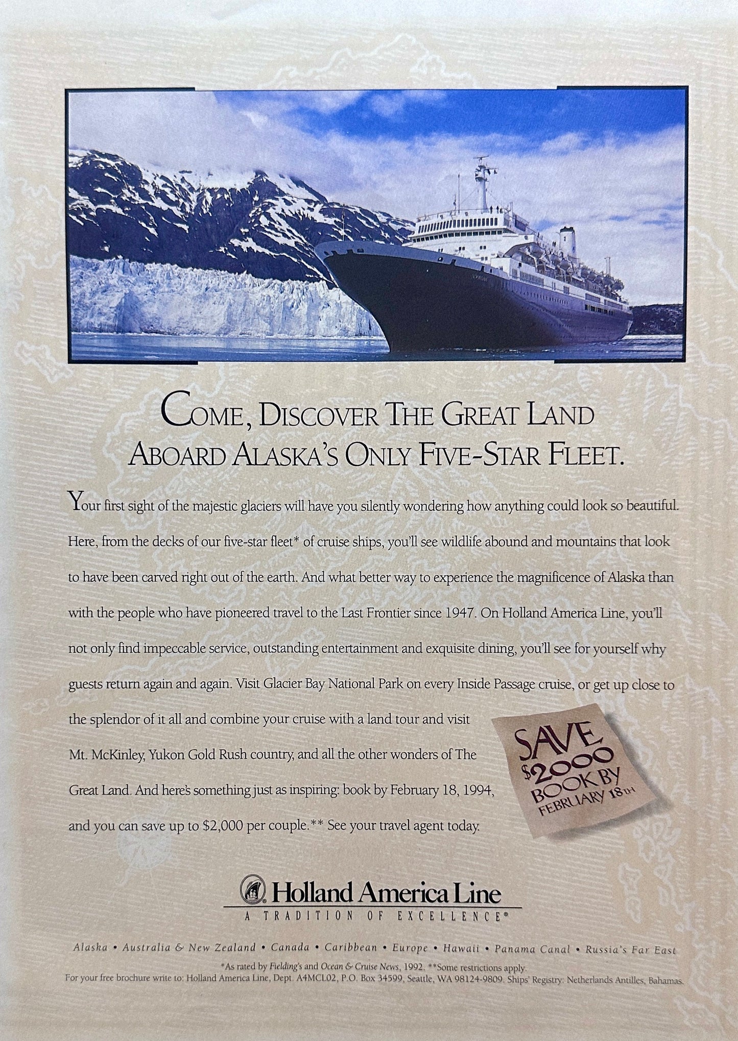 1994 Holland America Alaska Cruise Vacation Magazine Ad