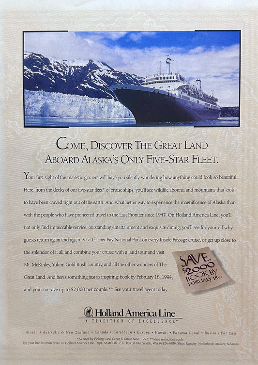 1994 Holland America Alaska Cruise Vacation Magazine Ad