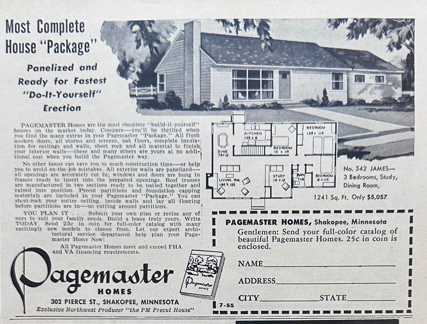 1955 Pagemaster House Plans No 542 James - Promo Ad - Shakopee MN