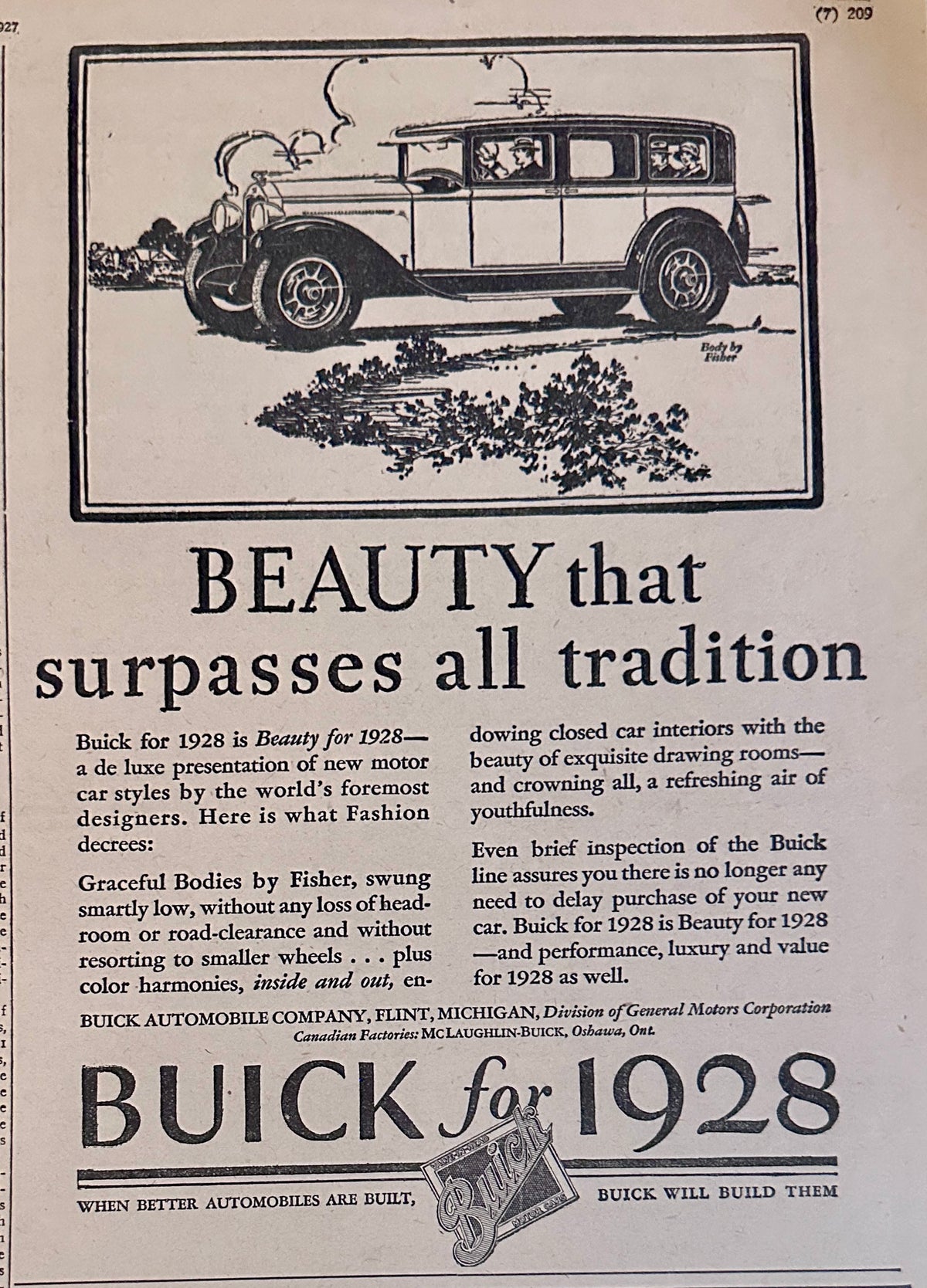 1928 Buick 4-Door Touring Car Beauty the Surpasses all Tradition Ad #2280