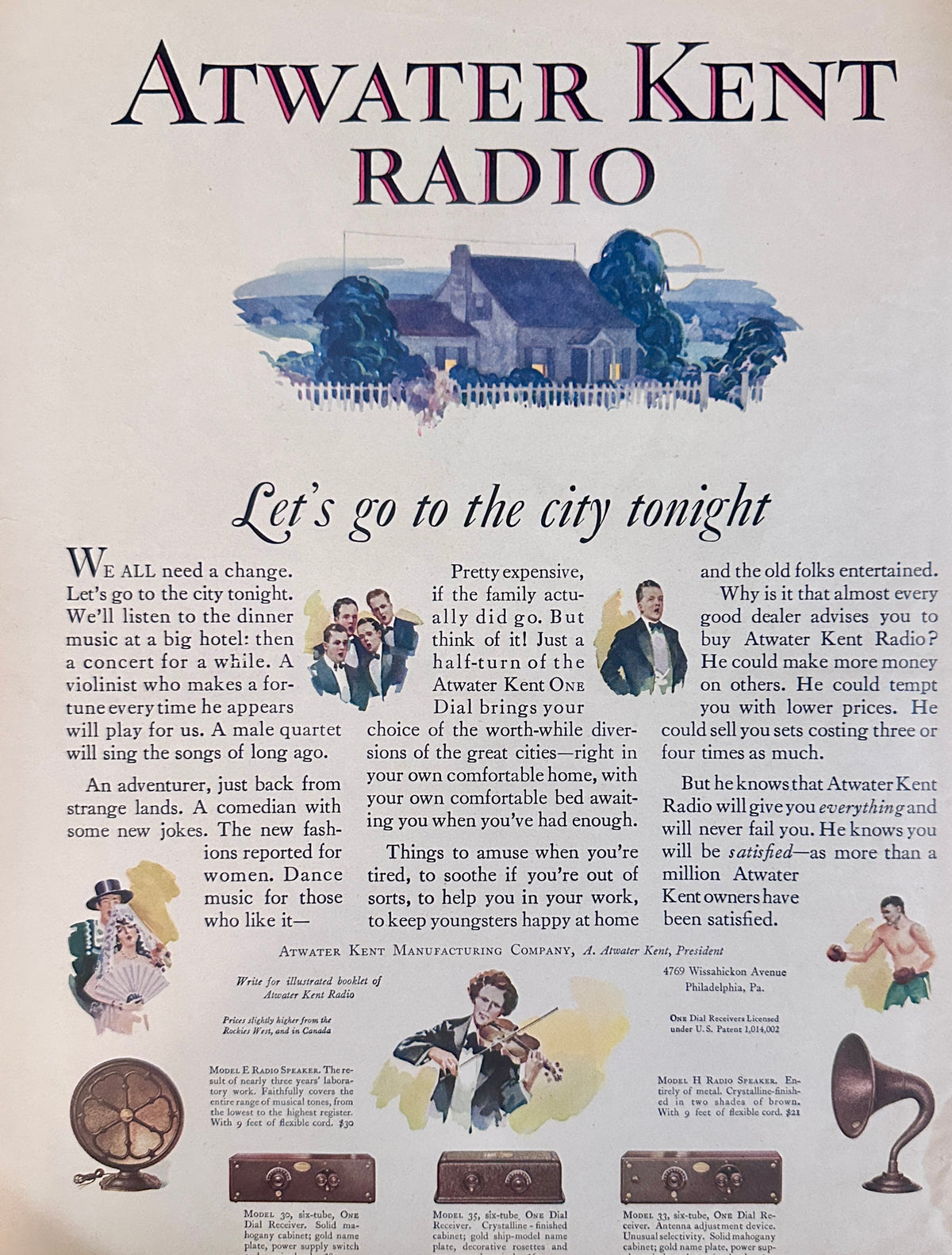 1927 Colorized Atwater Kent Radio - Let's Go To The City Tonight Ad #2288