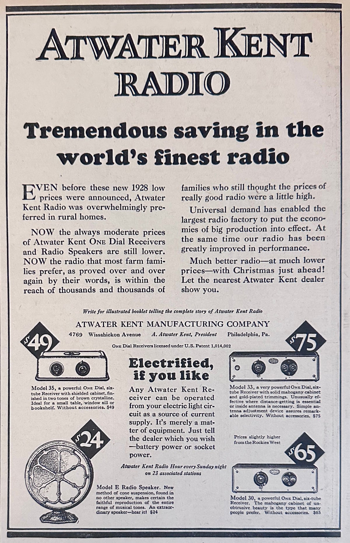 1927 Atwater Kent Radio - World's Finest Radio AD #2289