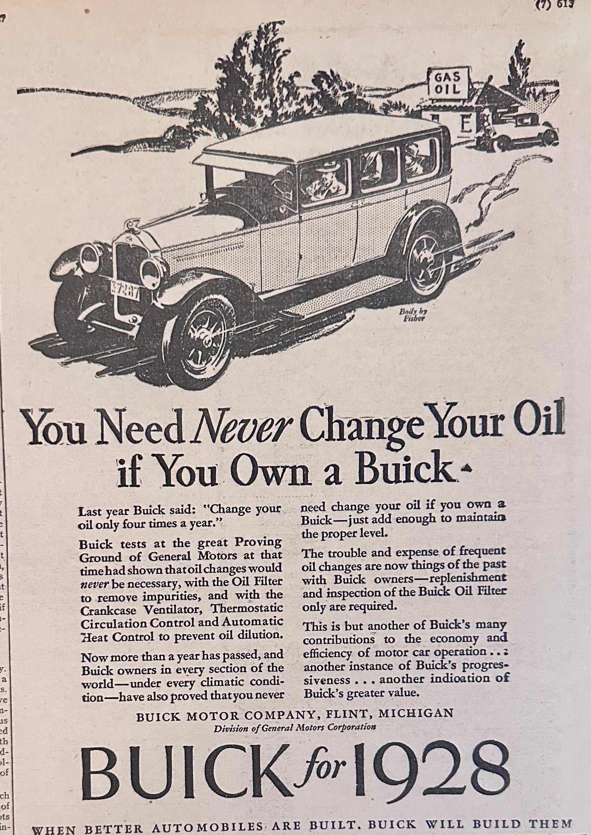 1927 Buick NEVER change Your Oil Ad #2297