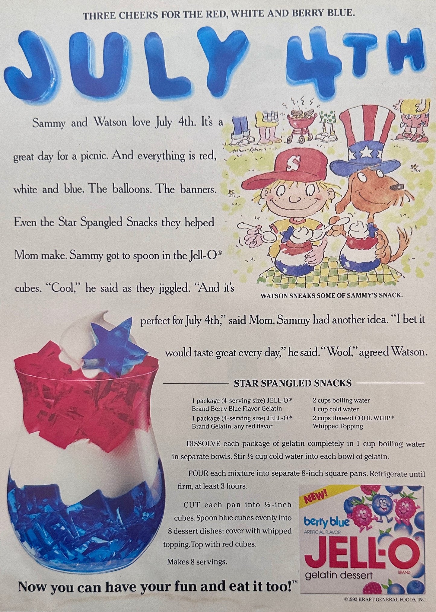 1992 Jell-O July Dessert + Lubriderm Skin Care Dual Sided Magazine Ad