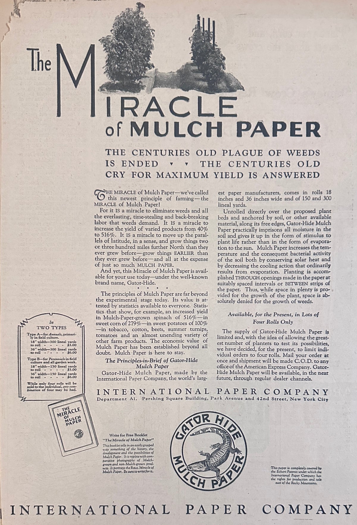 1928 International Paper Co - Gator Hide Mulch Paper Ad #2304
