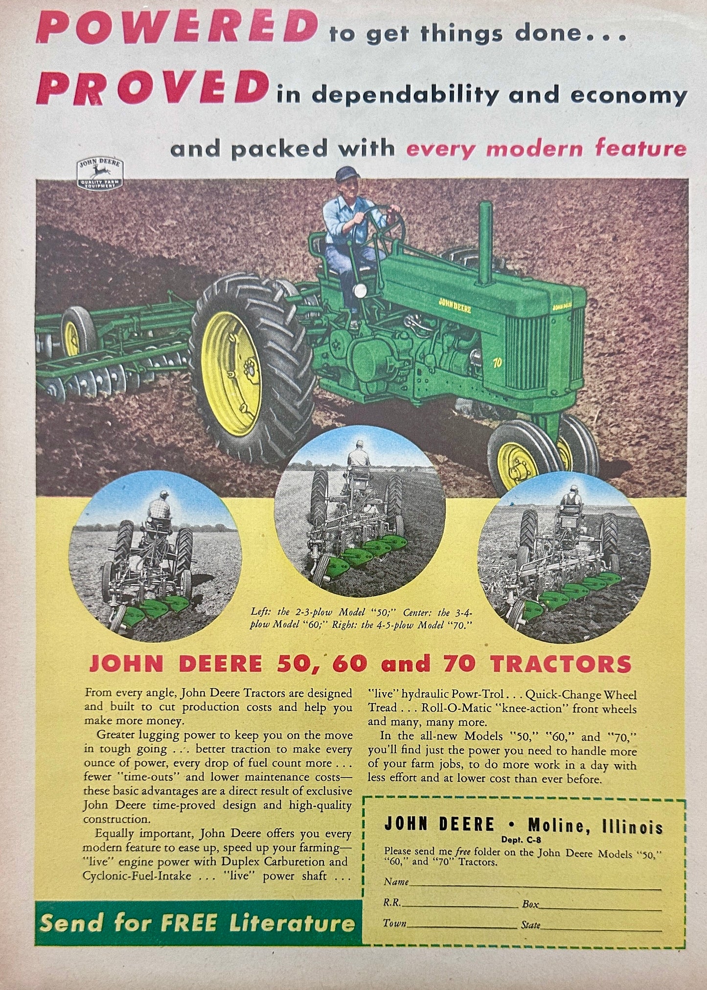 1953 John Deere Model 50, 60 & 70 Tractors + Aureomycin Chicken Medicine Ad