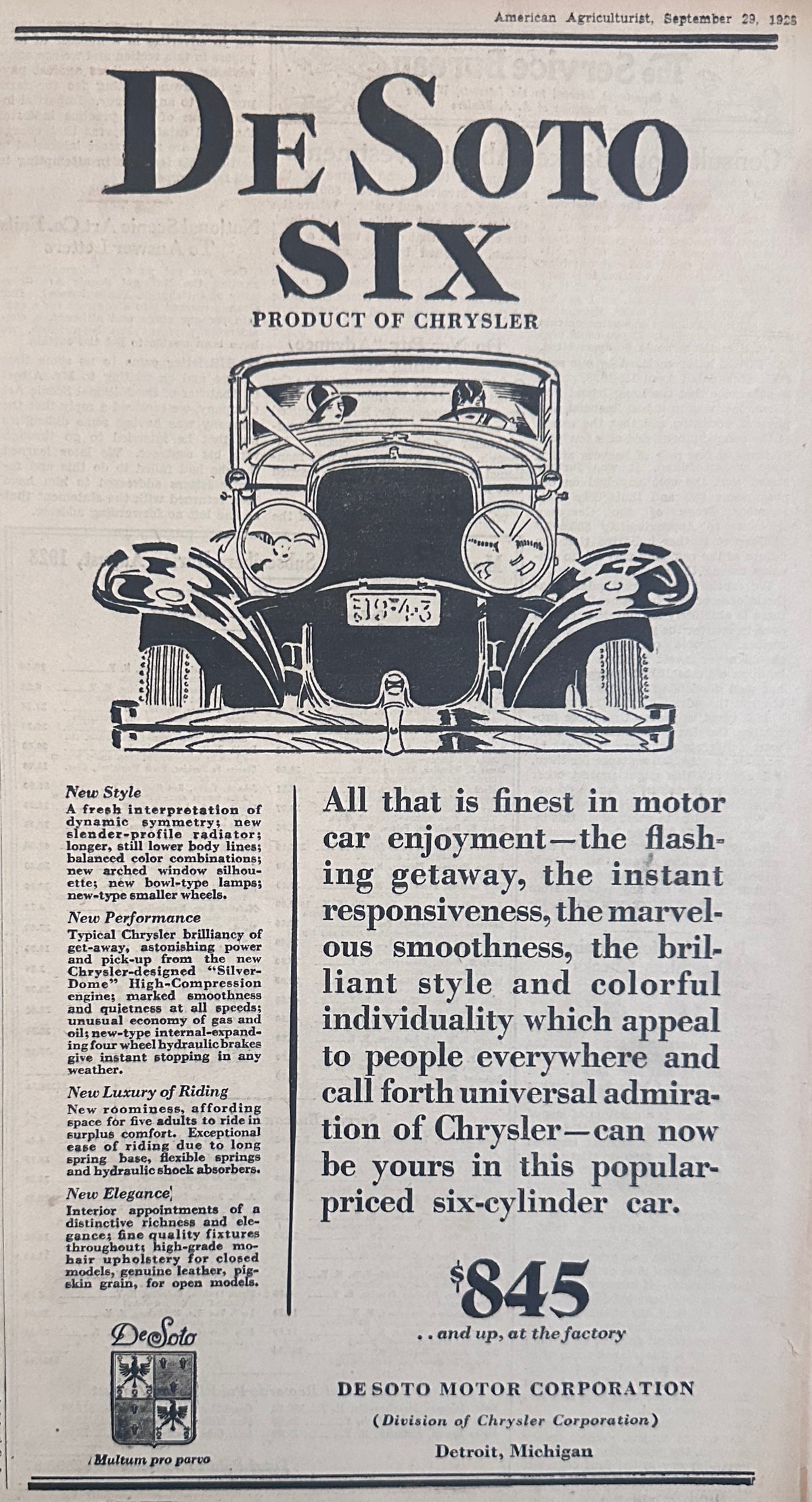 1928 De Soto Six - Product of Chrysler - Detroit Ad #2325