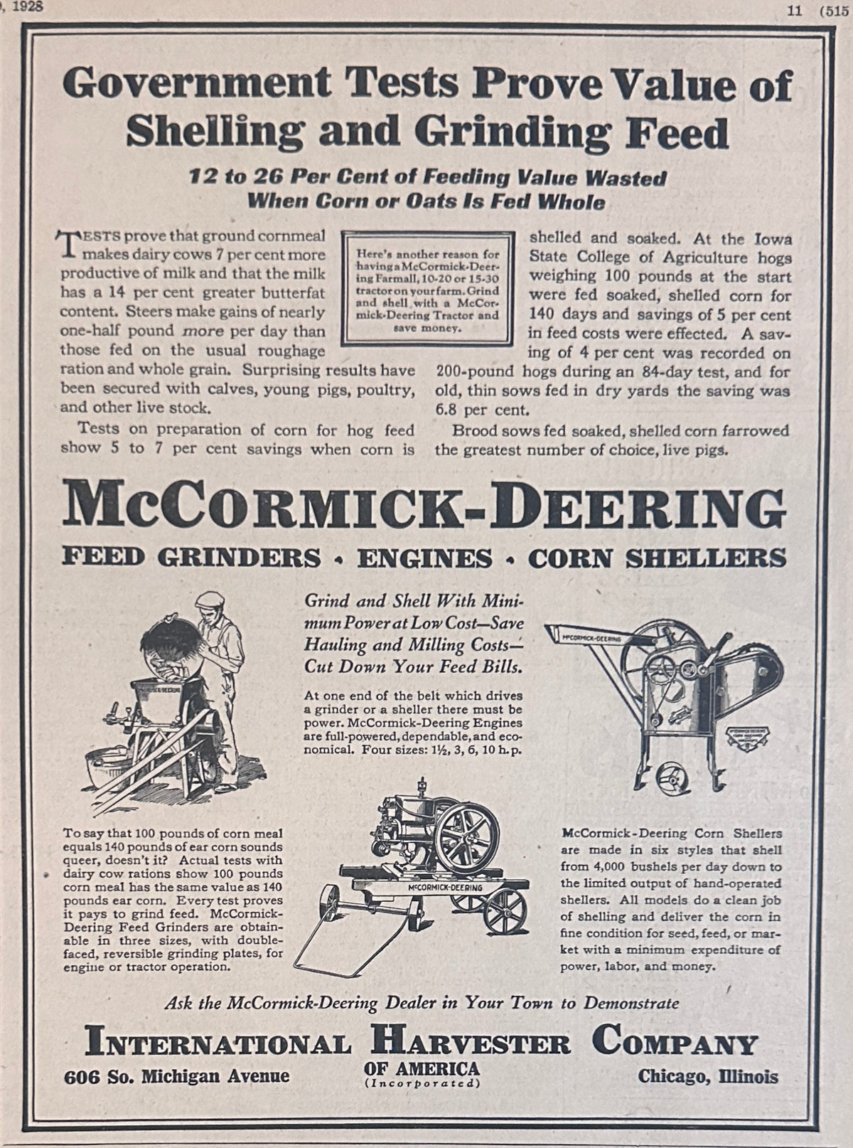 1928 McCormick-Deering Feed Grinders, Engines, Corn Shellers Ad #2328