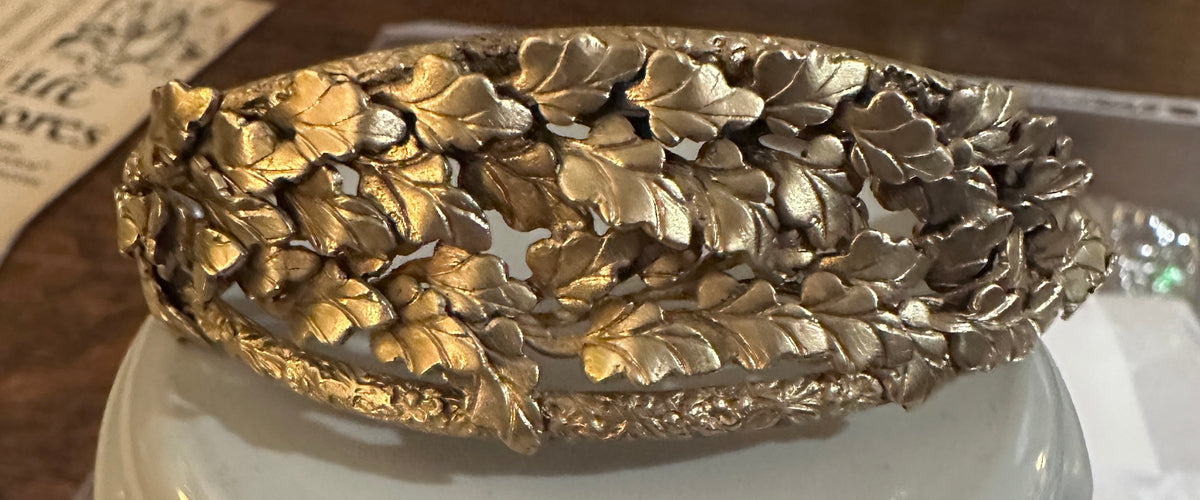 Art Nouveau Look or Actual Brass Hinged Cuff Bracelet with Repousse Oak Leaves