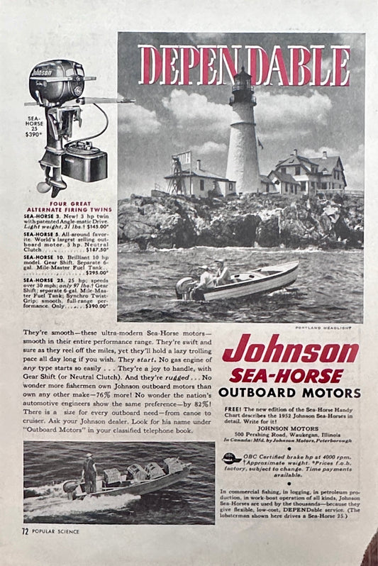 1952 Johnson Outboard Motors - Sea-Horse 25 - Portland Maine Lighthouse Ad