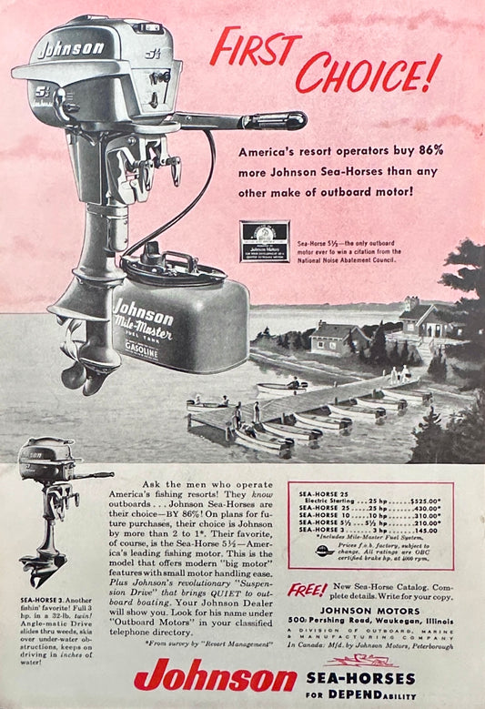 1955 Johnson Sea-Horse Outboard Motors - First Choice - Vintage Ad