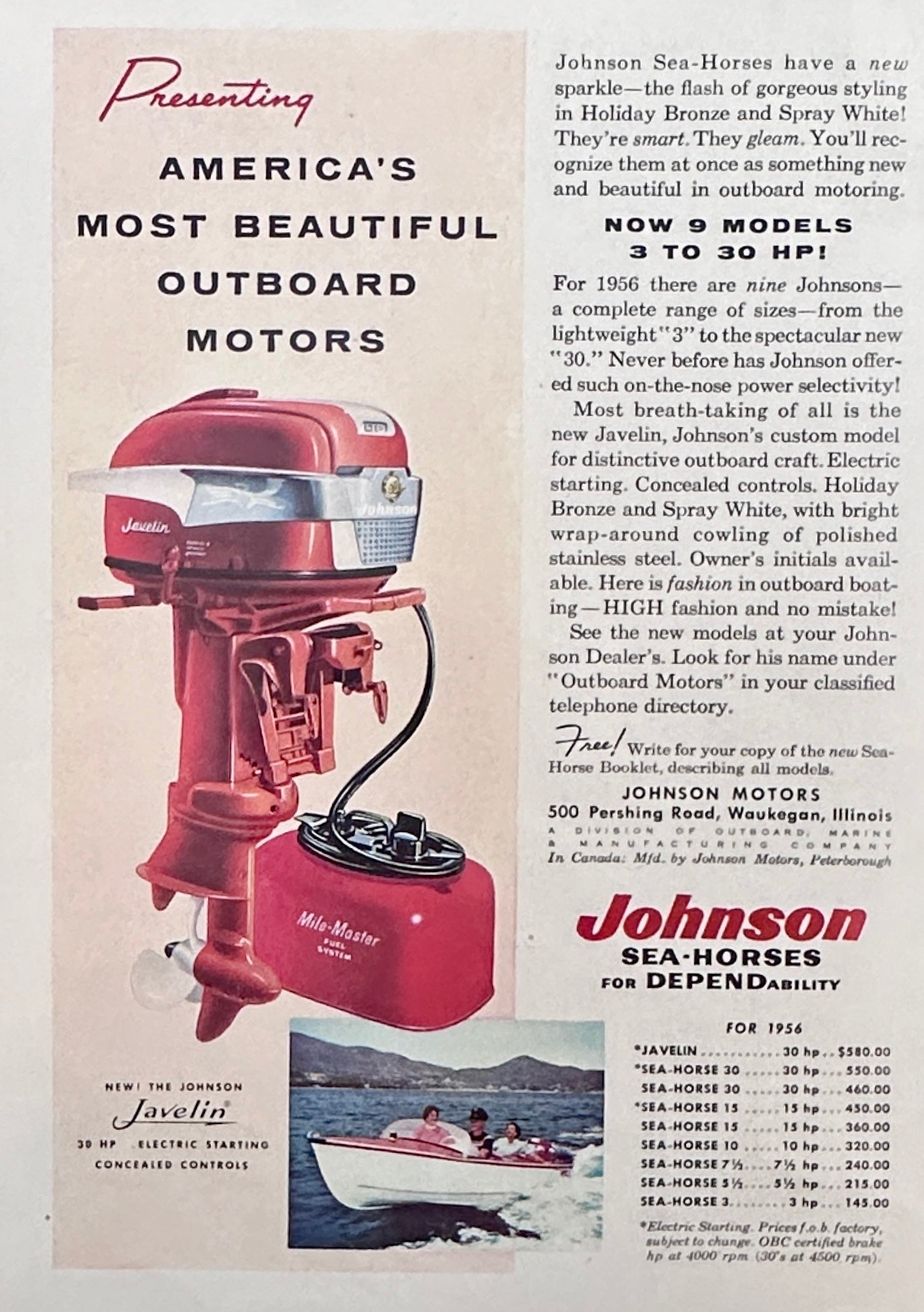 1956 Johnson Sea-Horse Outboard Motors - New Javelin 30 HP - Vintage Ad