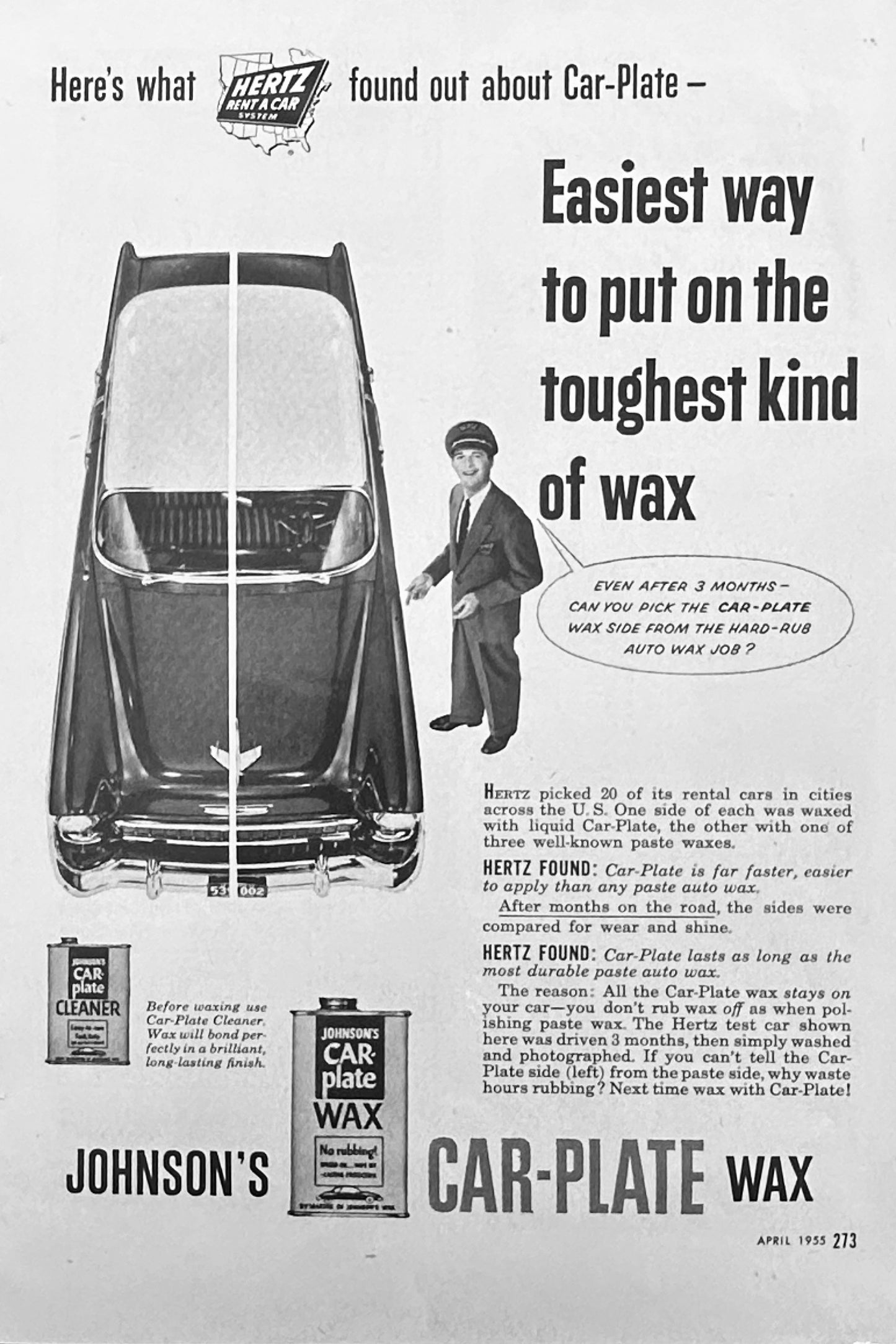 1955 Johnson's Car Plate Cleaner & Wax Recommended by Hertz - Vintage Ad