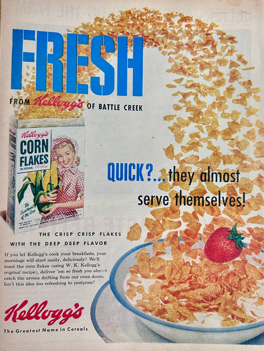 1953 Kellogg's  Corn Flakes + Lucky Strikes Cigarettes Magazine Ad