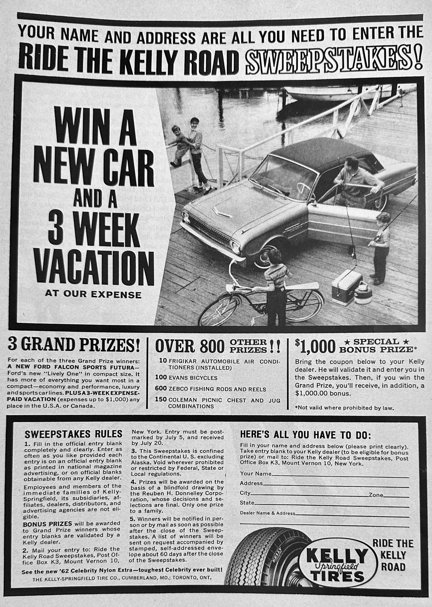 1962 Kelly Tire Sweepstakes - Ford Falcon Top Prize - Promotional Ad