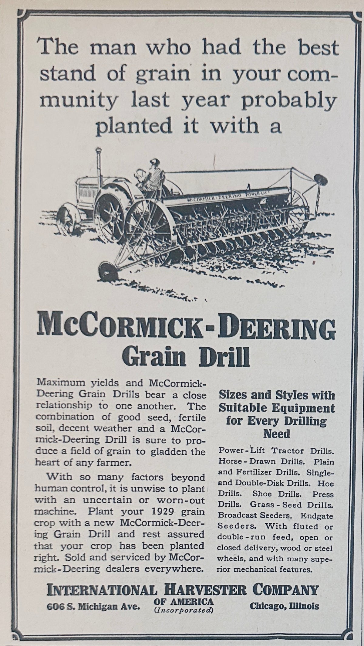 1929 McCormick-Deering Grain Drill Ad #2343