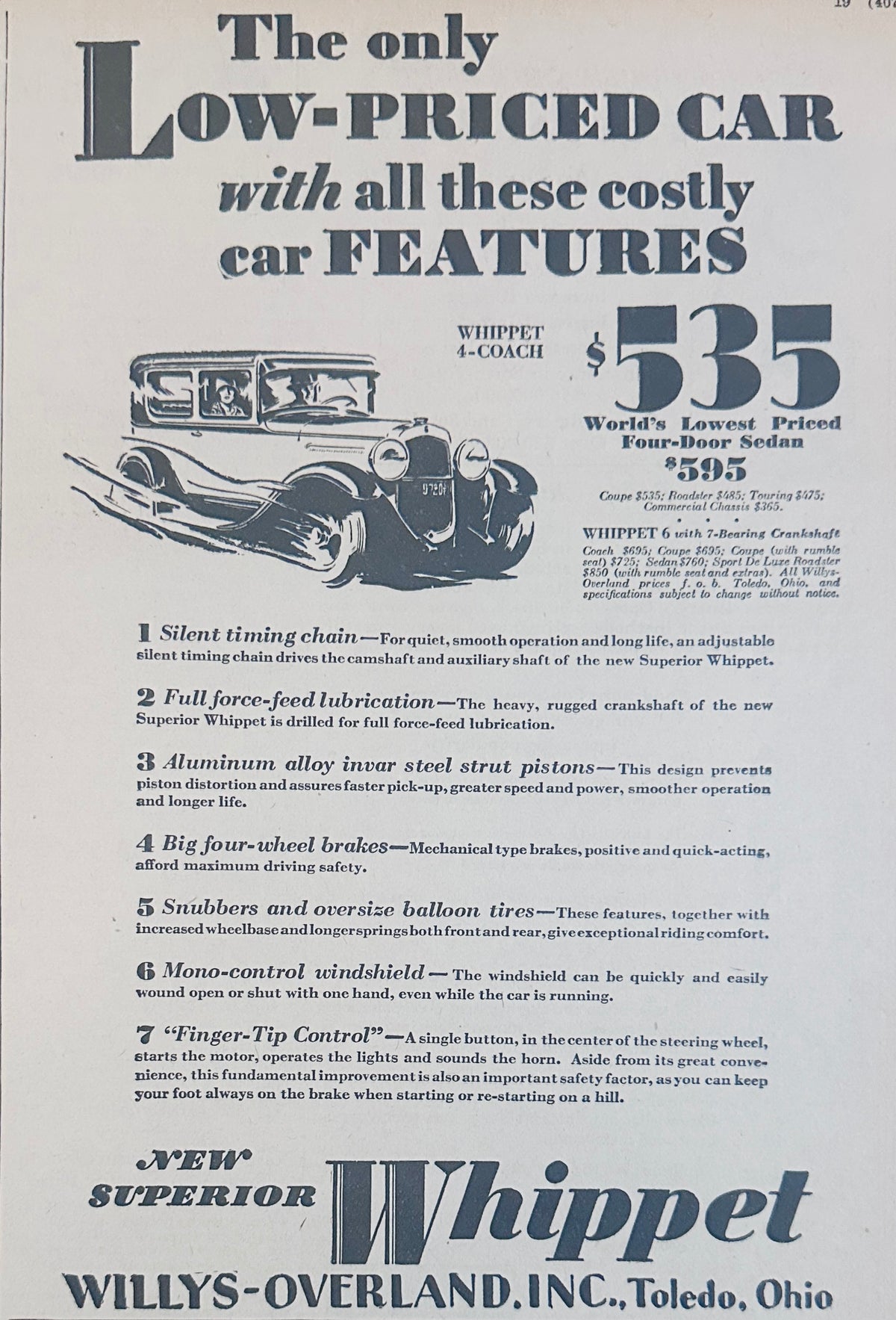 1929 Willys-Overland Whippet 4-Coach Toledo, Oh Ad #2344