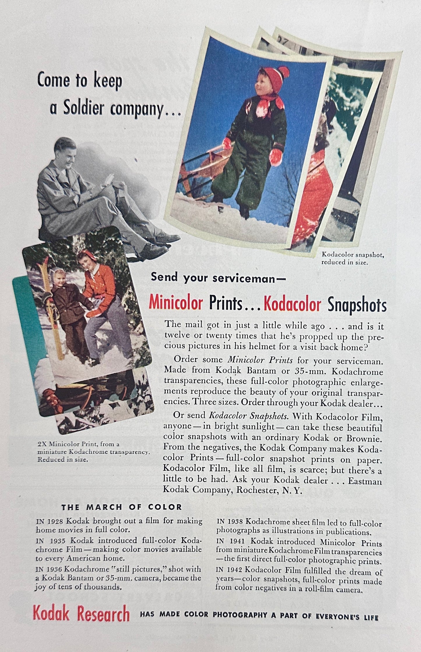 1945 Kodachrome Film Pictures of Family in the Snow Magazine Ad