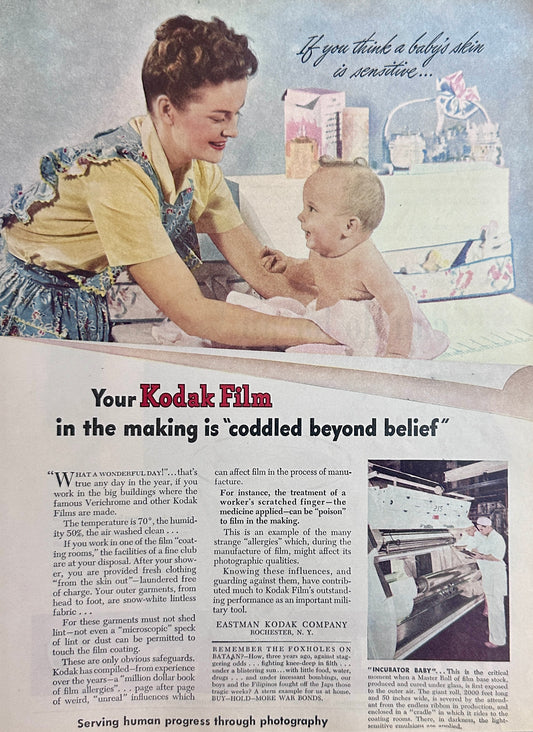 1945 Kodak Film Mother Bathing Baby + Gilbey's Gin with Olives Magazine Ad