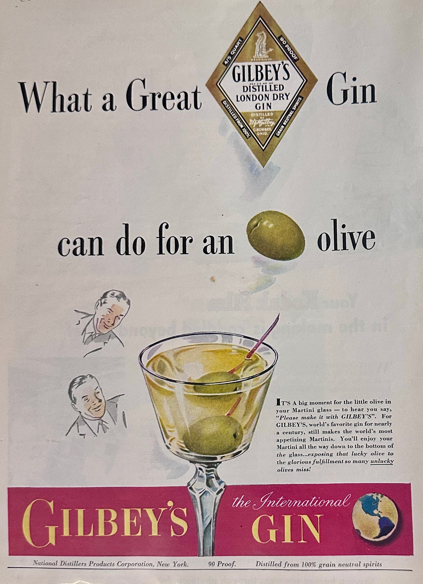 1945 Kodak Film Mother Bathing Baby + Gilbey's Gin with Olives Magazine Ad