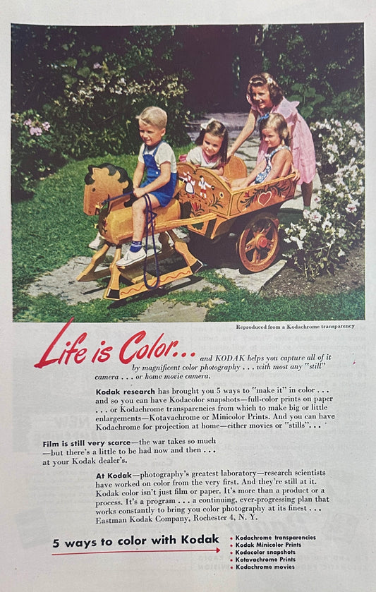 1945 Kodachrome Film Life is Color + Motorola Phonograph-Radio Magazine Ad