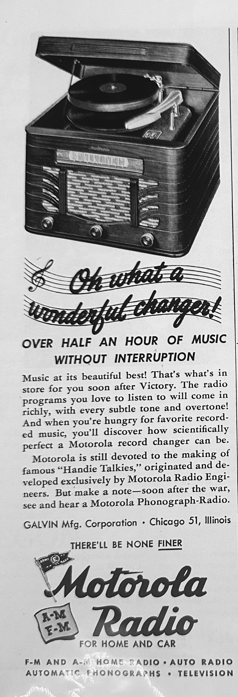 1945 Kodachrome Film Life is Color + Motorola Phonograph-Radio Magazine Ad