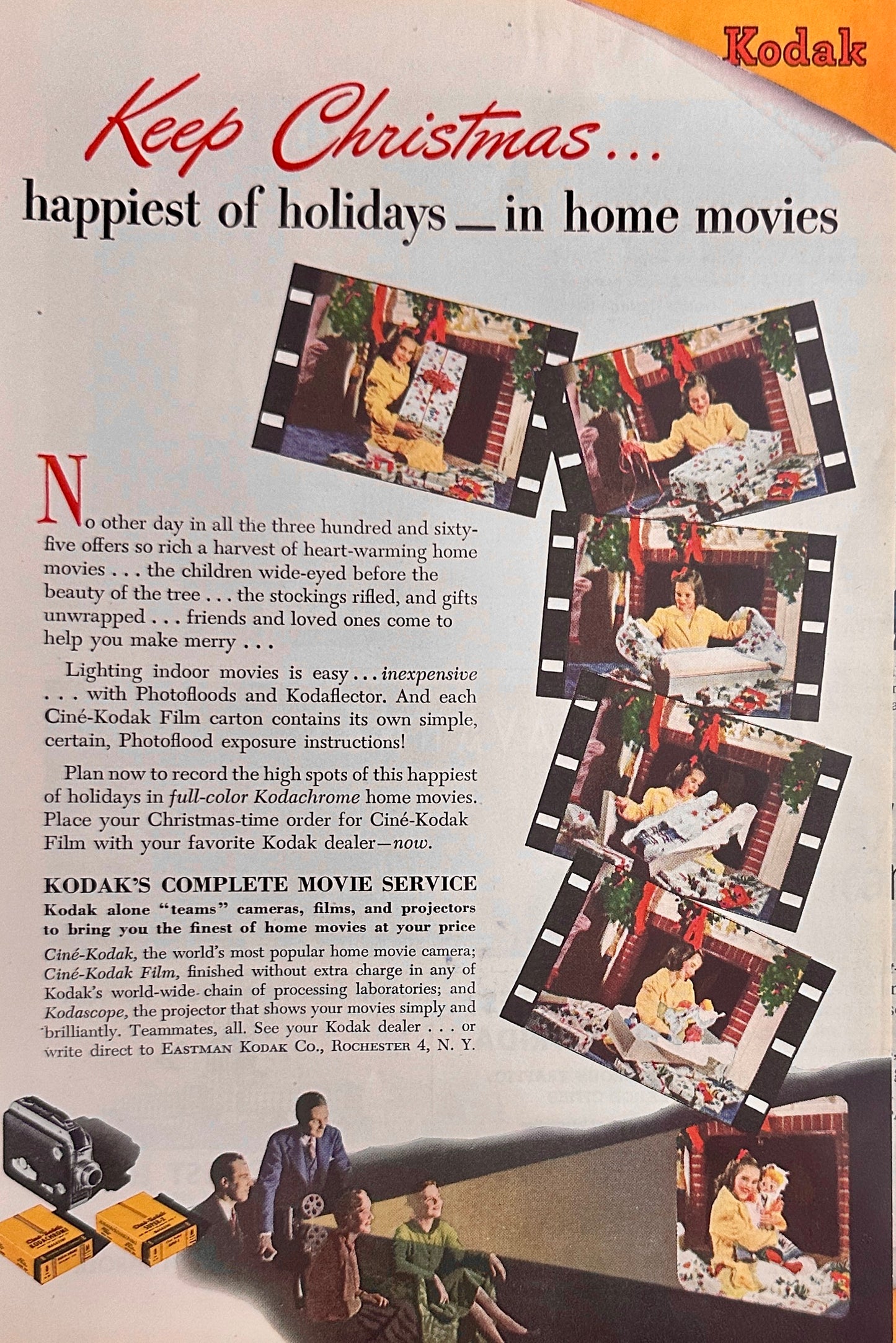 1946 Kodak Complete Movie Service Magazine Ad - Christmas morning