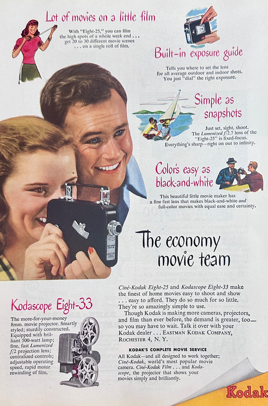 1947 Kodak Kodascope  Eight - 25 & Eight-33 Camera & Projector Promotional Ad