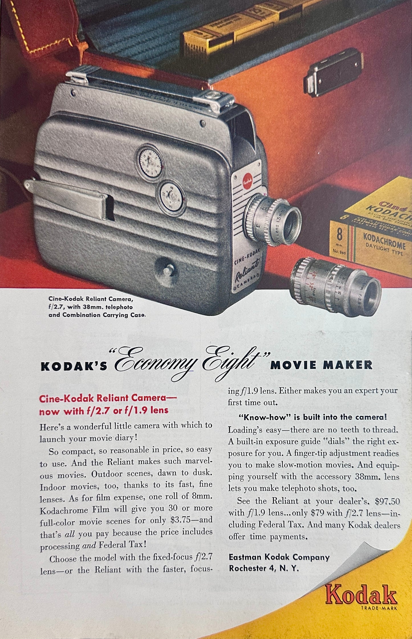 1950 Cine-Kodak Reliant Movie Camera Ad - Economy Eight