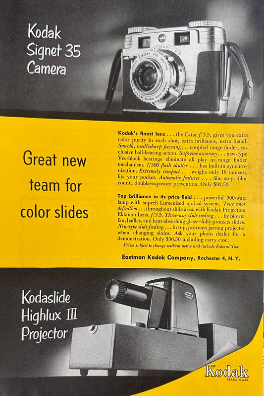 1953 Kodak Signet 35 and Highlux Projector Ad