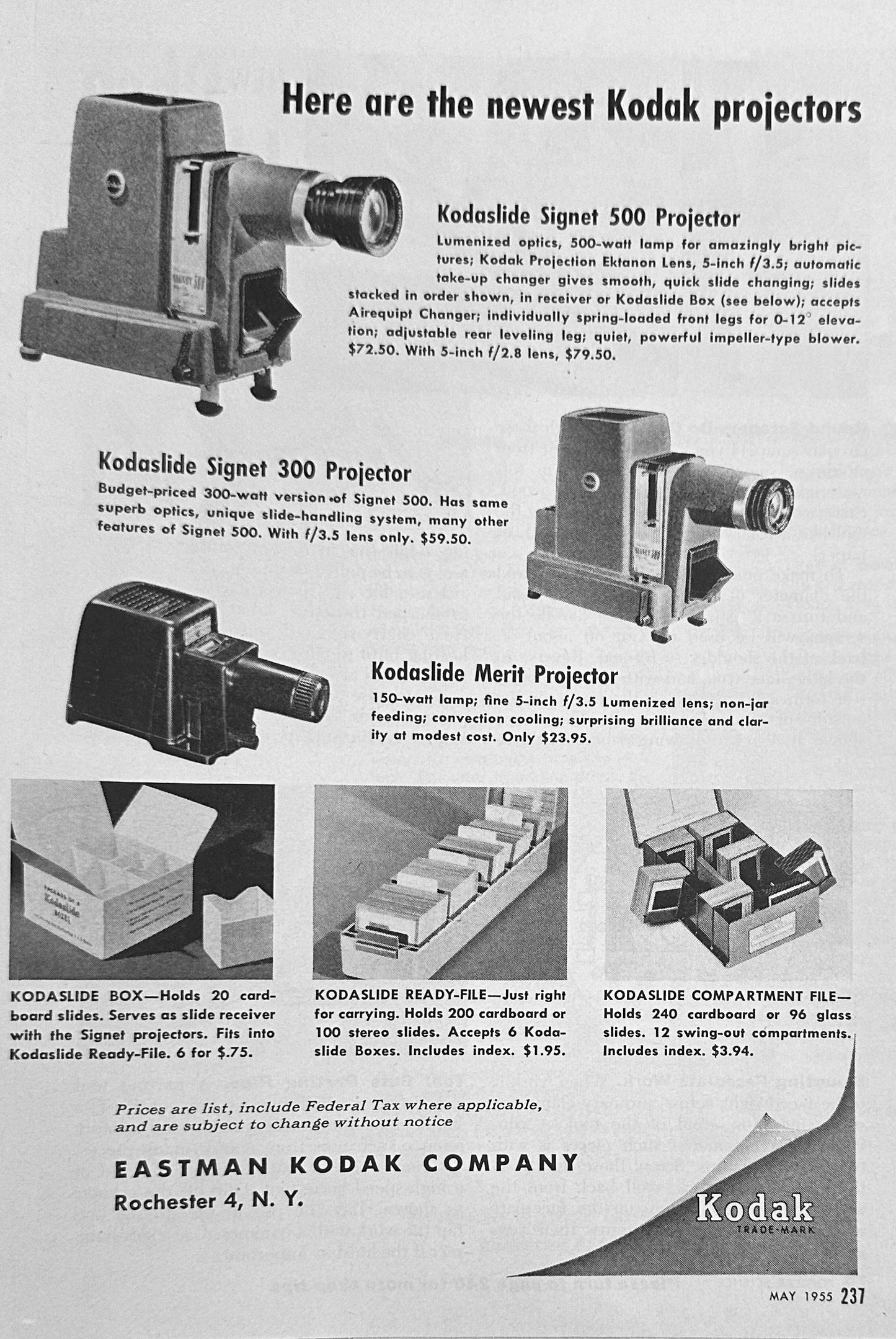 1955 Kodak Slide Projector Models, Signet 300, 500 & Merit Promo Ad