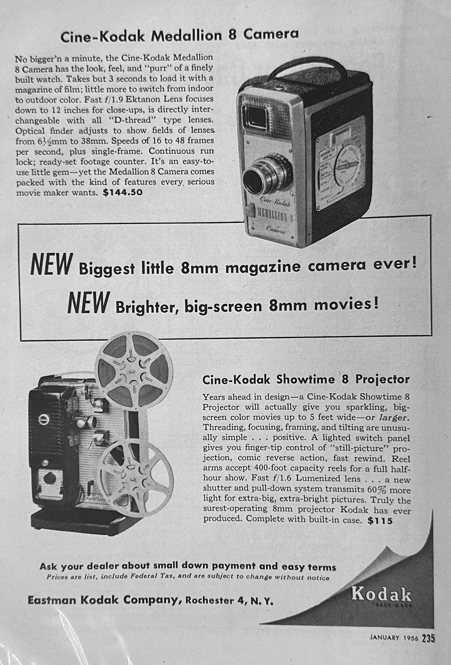 1956 2-Page Kodak Brownie, Medallion 8 & Showtime Projector Promo Ad