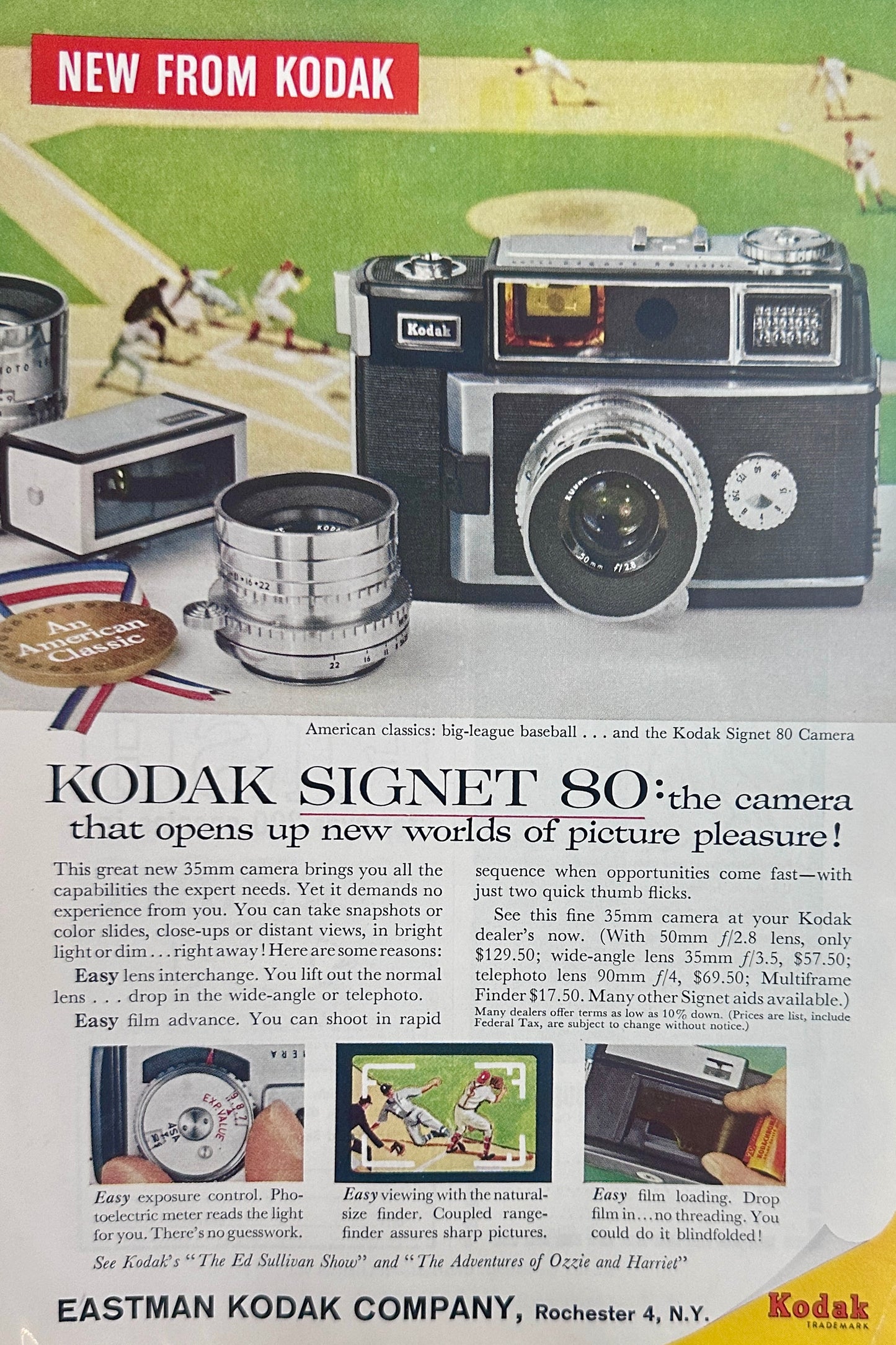 1959 Kodak Signet 80 Camera Ad - Baseball Game Background