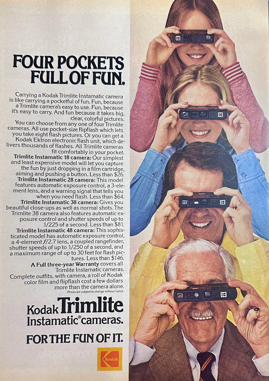 1975 Kodak Trimlite Instamatic Camera Ad - Four Pockets Full of Fun